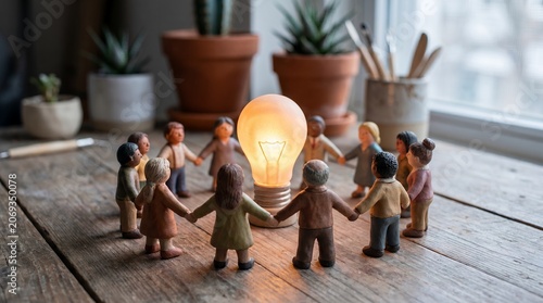 Diverse Wooden People Figures Holding Hands Around Bright Glowing Lightbulb On Rustic Table