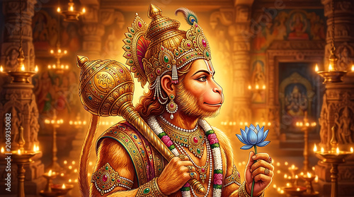 Intricate depiction of a mythological monkey deity adorned with traditional jewelry and a crown, holding a lotus flower in a