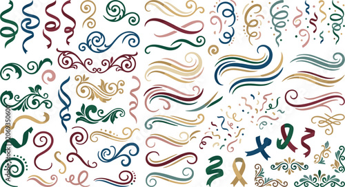 Elegant Decorative Swirl Ribbon Flourish and Confetti Elements Collection in Premium Flat Vector Illustration Style