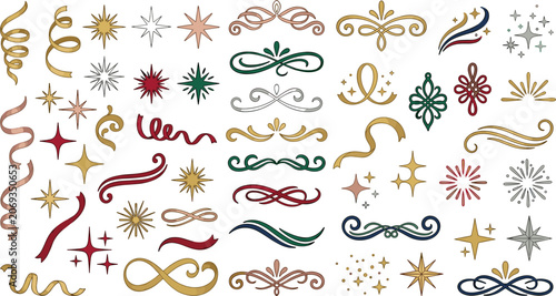 Luxury Decorative Swirls Stars Ribbons and Sparkle Elements Collection in Elegant Flat Vector Style for Premium Celebrations