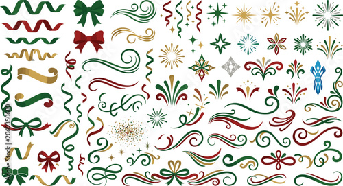 Festive Christmas Decorative Ribbons Bows Swirls and Sparkle Elements Collection in Elegant Flat Vector Illustration Style