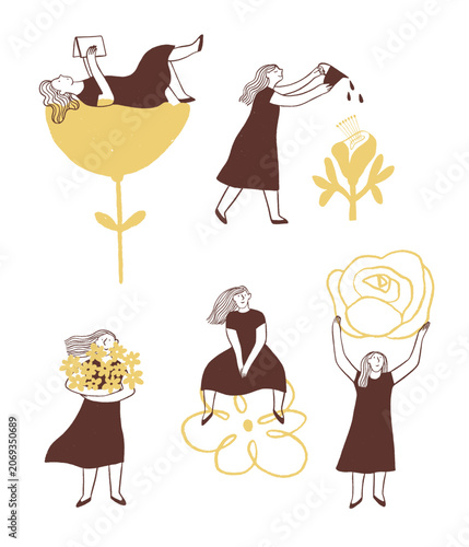 Girl cartoon characters with flowers