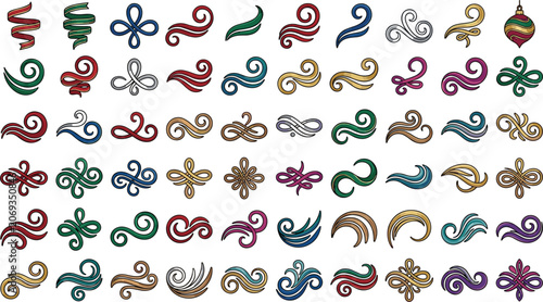 Decorative Swirl and Flourish Elements Collection Featuring Elegant Curved Ornaments Vintage Scroll Designs and Festive Accents