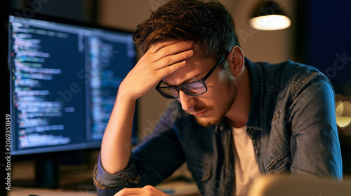 Data engineer optimizing a slow database query under pressure , one man working at night, stressed work, code, typing code, one monitor with code, photo style