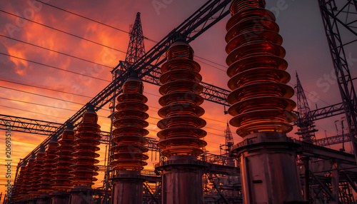 high-voltage ceramic insulators at an electrical power substation under a vibrant sunset sky, created with generative ai