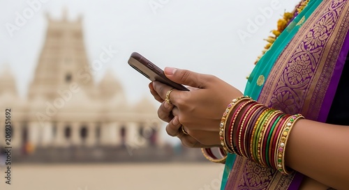 Indian woman wearing traditional sari and bangles using a smartphone near temple