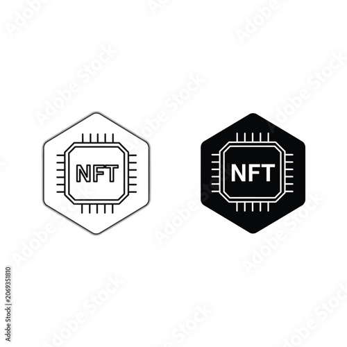 Two hexagonal nft icons, one in black and white and the other in black, cryptocurrency