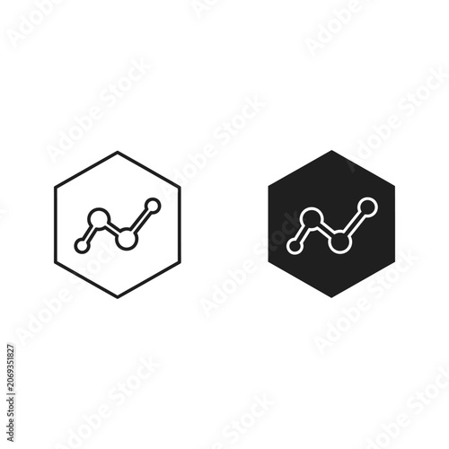 Two hexagonal icons featuring a molecular structure, one black and one white, set against