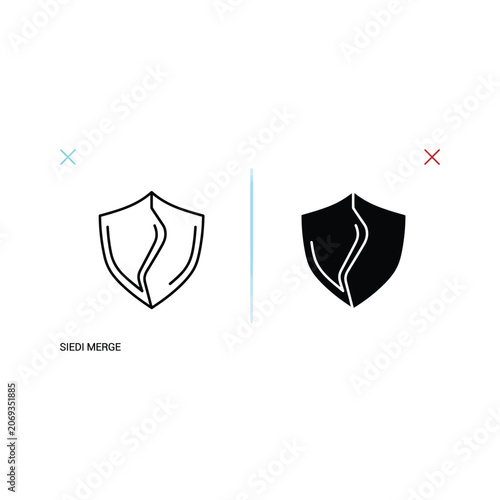 Two shield logos with a flame design, one in black and white and the other in black