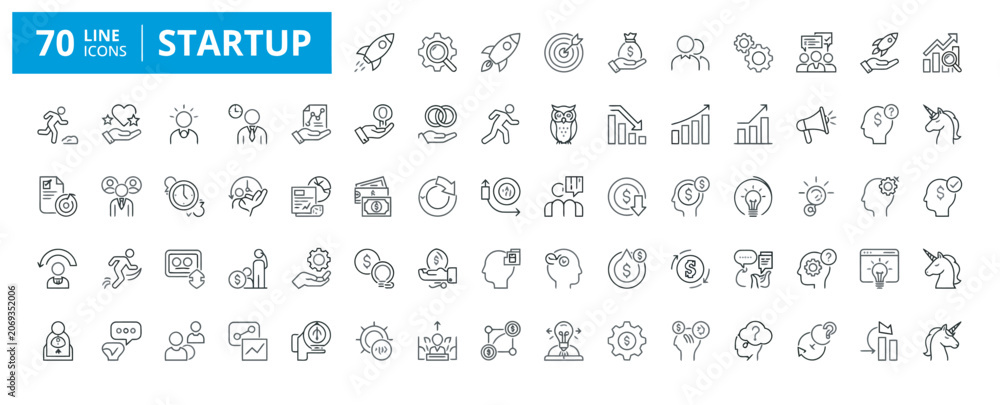 Fototapeta premium Startup business line icons collection for innovation, growth, and entrepreneurship
