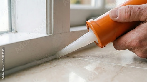 Hand using caulking gun to apply silicone sealant on window frame