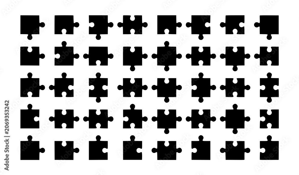Naklejka premium Black Jigsaw Puzzle Pieces Vector Icon Set with Assorted Puzzle Shapes and Problem Solving Symbols