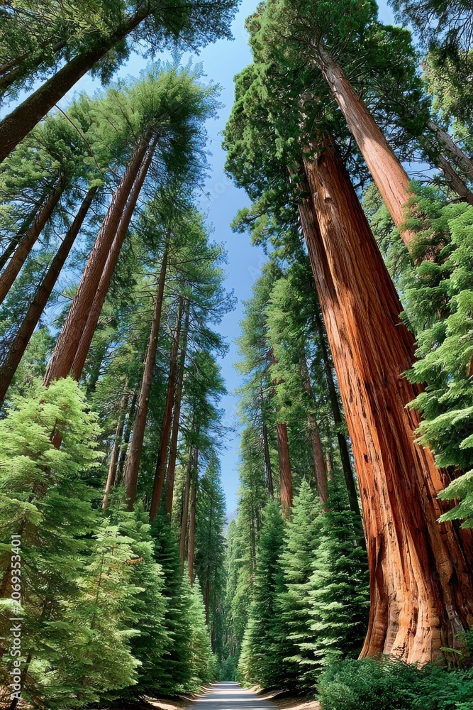 Obraz premium Giant sequoia and towering redwood trees lining a peaceful forest path through dense green woodland
