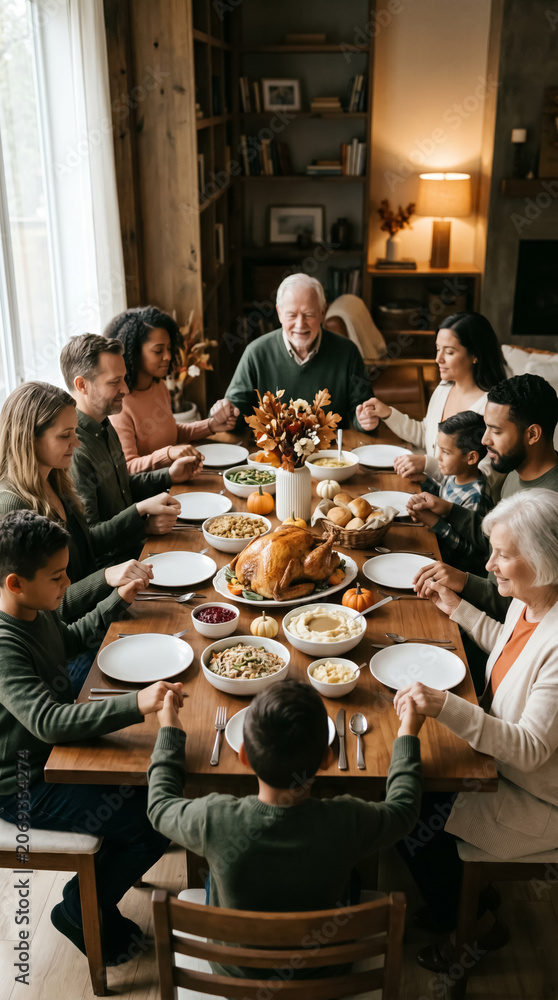 Obraz premium Large diverse family holding hands praying before holiday dinner