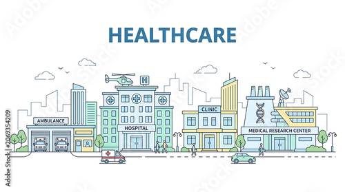 illustration of a modern urban healthcare district featuring hospitals clinics research centers ambulances and medical staff in
