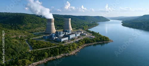 Nuclear power plant with cooling towers on lakeshore surrounded by green hills
