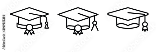 Fotografía Graduation cap outline icons set, ceremonial ribbon, academic medal, success tassel & more vector illustration with editable stroke