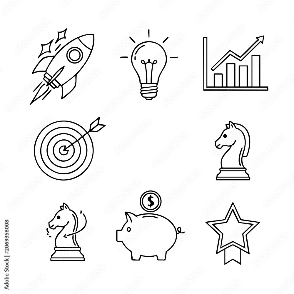 Naklejka premium A modern startup icon collection featuring innovation, investment, entrepreneurship, business growth, teamwork, and creative ideas. Perfect for startups, SaaS, fintech, presentations, and business web