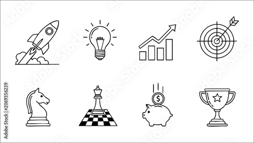 A modern startup icon collection featuring innovation, investment, entrepreneurship, business growth, teamwork, and creative ideas. Perfect for startups, SaaS, fintech, presentations, and business web