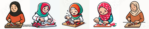Bild auf Leinwand set of vectors of hijab women slicing chilies