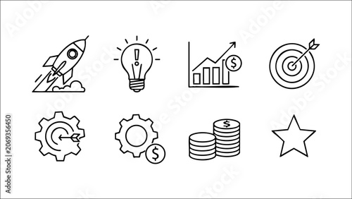 A modern startup icon collection featuring innovation, investment, entrepreneurship, business growth, teamwork, and creative ideas. Perfect for startups, SaaS, fintech, presentations, and business web