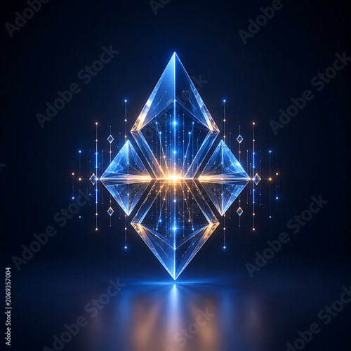 Futuristic Abstract Geometric Crystal Structure in a Digital Void with Glowing Lines and Reflective Surface - Advanced Technology and Cosmic Energy Concept