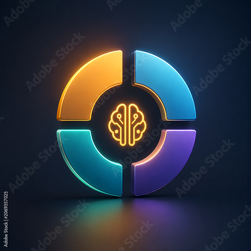 Abstract Segmented Circle with Glowing Brain Icon Representing AI, Data Analysis, and Cognitive Innovation on a Dark Futuristic Background