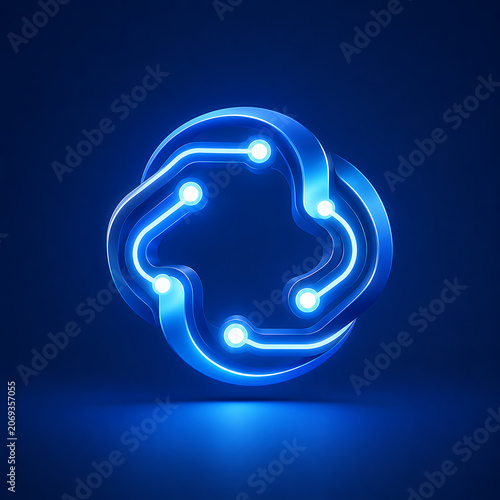 Futuristic Circular Blue Glowing Circuit Board Design on Dark Reflective Background - Abstract Digital Technology Concept