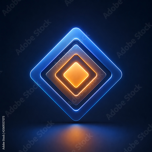 Abstract Glowing Rhombus Geometry in Dark Blue and Orange - Futuristic Digital Art with Reflective Surface, Sleek Layers, and Technological Contrast