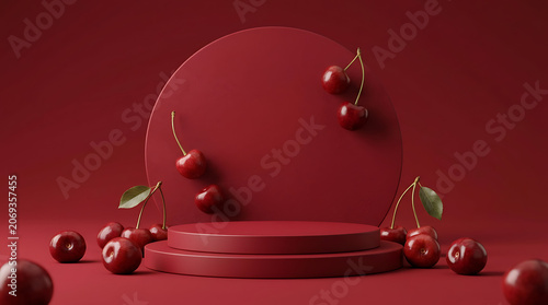 Elegant cherry-themed display with a minimalist podium and vibrant red cherries for artistic presentation