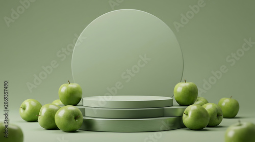 Minimalist green apple display with podium and circular backdrop emphasizing freshness and simplicity in a modern setting