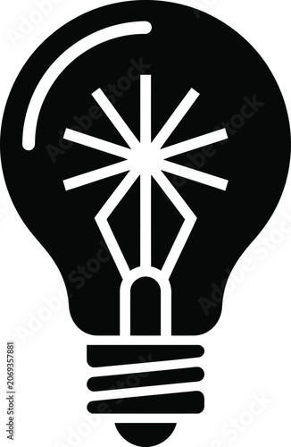 Black and white light bulb icon with starburst filament