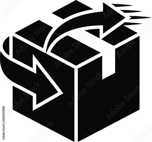 Black and white icon of a box with arrows indicating shipping or delivery