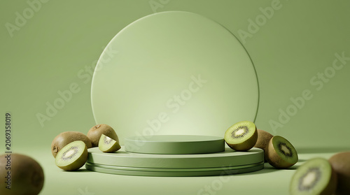 minimalist kiwi fruit display with a circular mirror and pastel green background showcasing organic freshness and healthful