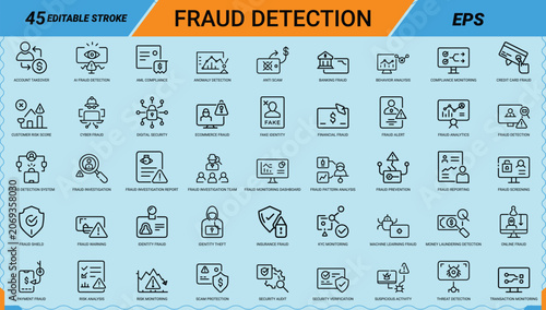 Cuadro en lienzo Fraud detection line icon set for cybersecurity and banking data protection safety