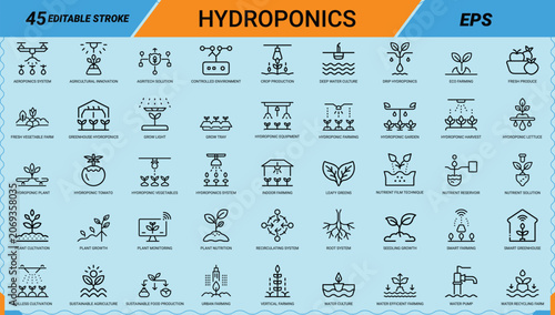 Hydroponics vector icon set featuring sustainable farming and urban plant growth sys.