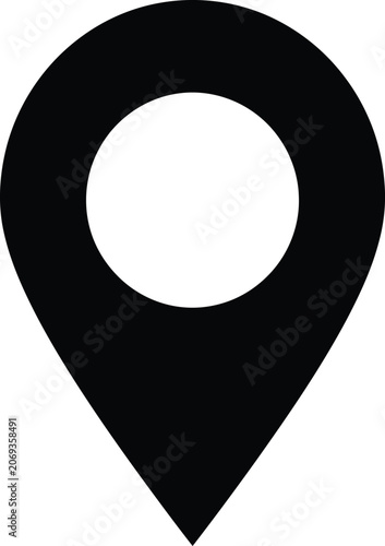 Black map pin icon on white background