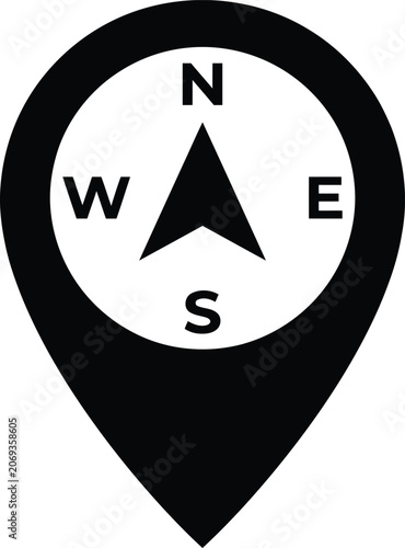 Black and white compass rose map marker icon navigation symbol for location services and geographic data