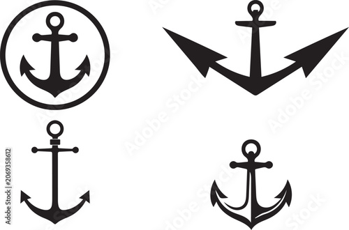 Minimalist Black Anchor Silhouette Icon Set