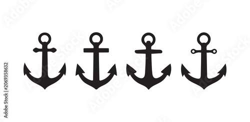 Nautical anchor black silhouettes and maritime icon set isolated on white background