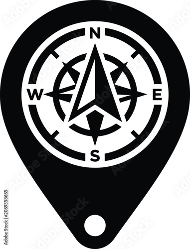 Black and white map pin with a compass