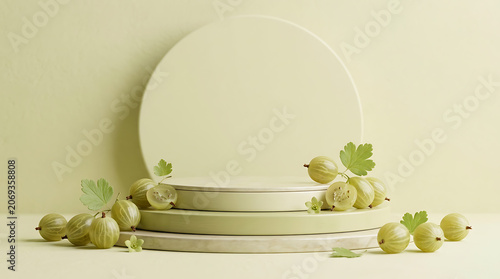 Minimalist Arrangement of Gooseberries with Green Leaves on White Circular Platform for Freshness and Natural Aesthetics
