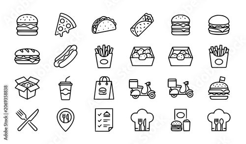 Fast Food Outline Icon Collection with Burger Pizza and Snack Symbols