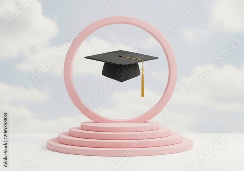 Graduation Cap on a Pink Pedestal with Circular Frame