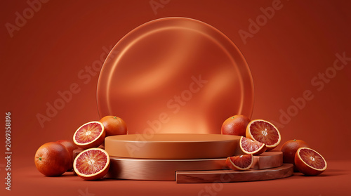 artistic display of grapefruit slices and whole fruit arranged around a circular platform with warm earthy tones emphasizing