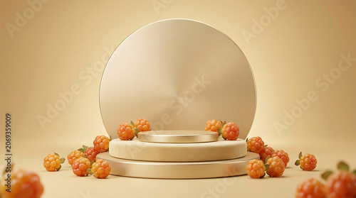 Elegant minimalist display podium with warm peach-colored berries artfully arranged around circular steps and reflective