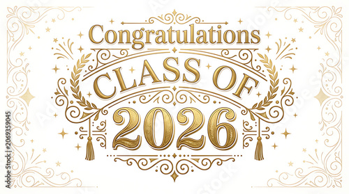 Elegant gold-embellished graduation announcement celebrating the class of 2026 with decorative flourishes and festive accents