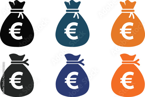 Money bag icons with euro symbols in various colors and shades