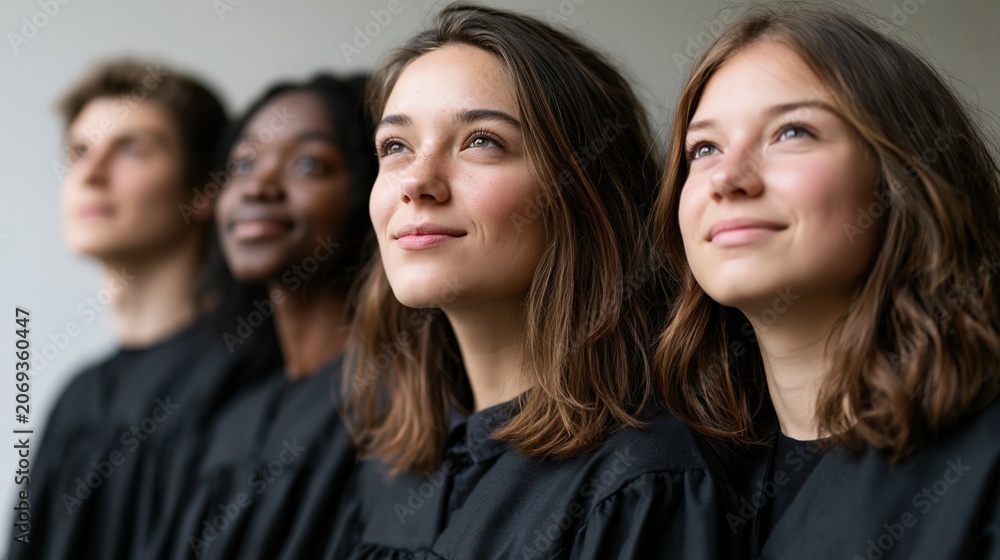 Fototapeta premium Diverse group of graduates standing together looking upward with optimism