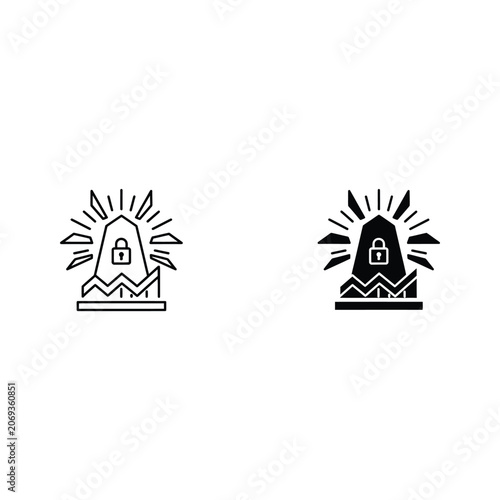 Two stylized house icons with radiating light beams, one with a triangular roof